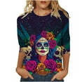 thumbnail image 2 of Xdegoge Day of the Dead Shirts for Women Dia De Los Muertos 3/4 Sleeve Shirt Sugar Skull Plus Size Crew Neck Tunic Tops Winter Cozy Casual Sweatshirts, 2 of 5