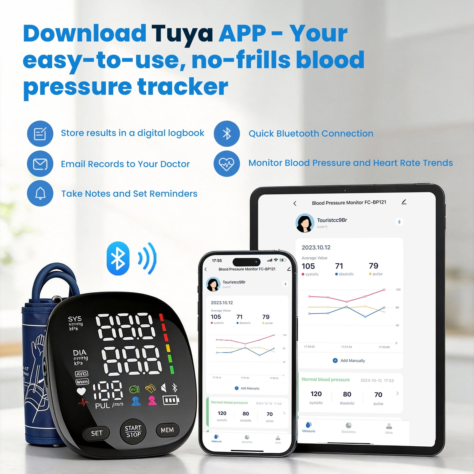 Bluetooth Blood Pressure Monitor for Home Use & Upper Arm Blood Pressure Cuff - BP Machine with 2x120 Reading Memory Adjustable Arm Cuff 8.6"-16.5" - Compatible for iOS & Android Devices