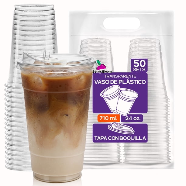 Berry Bloom 50 Vasos Desechables de Plástico con Tapa Tipo Boquilla, 24 oz (710 ml) Transparentes, Resistentes y Perfectos para Bebidas Frías