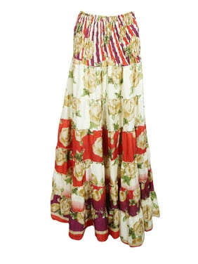 Mogul Women Beige Red Maxi Skirt Floral Print Recycled Sari Coverup Summer Beach Skirts S/M