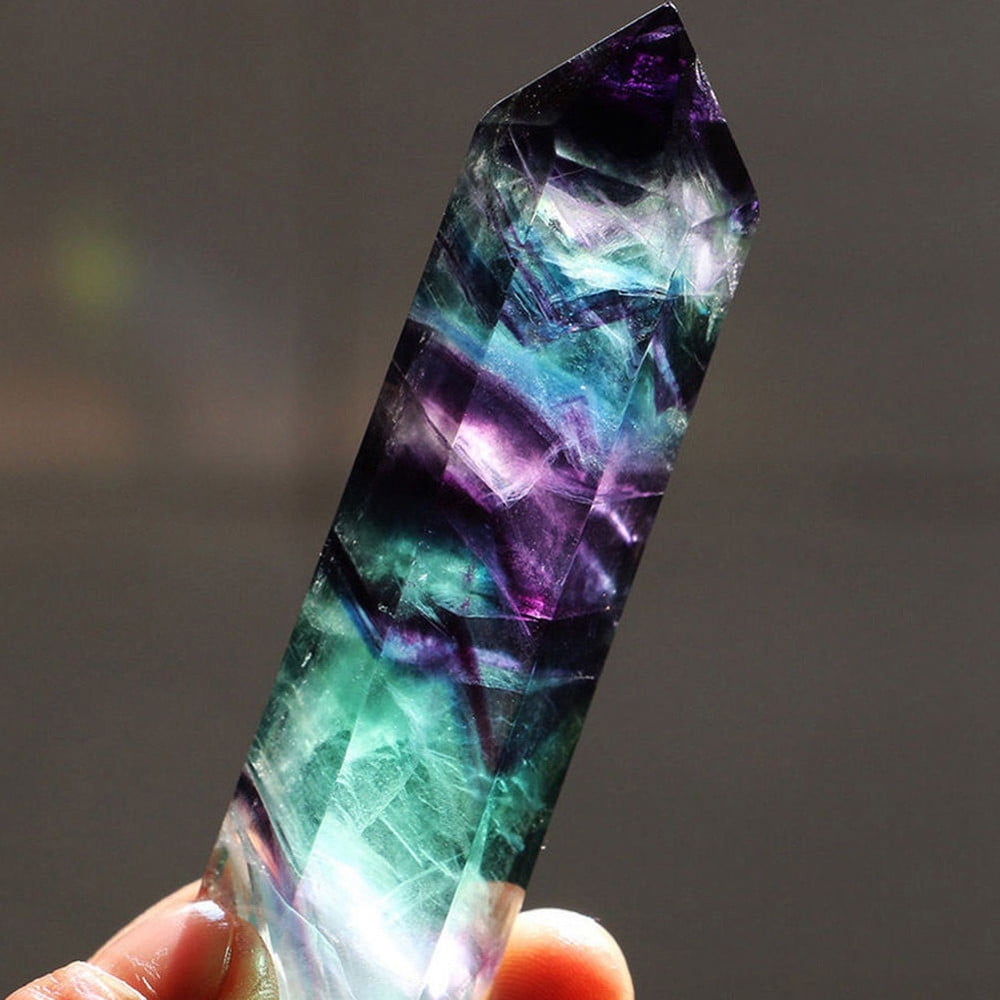 A Livoty Natural Hexagonal Crystal Quartz Healing Fluorite Wand Stone Purple Green Gem 