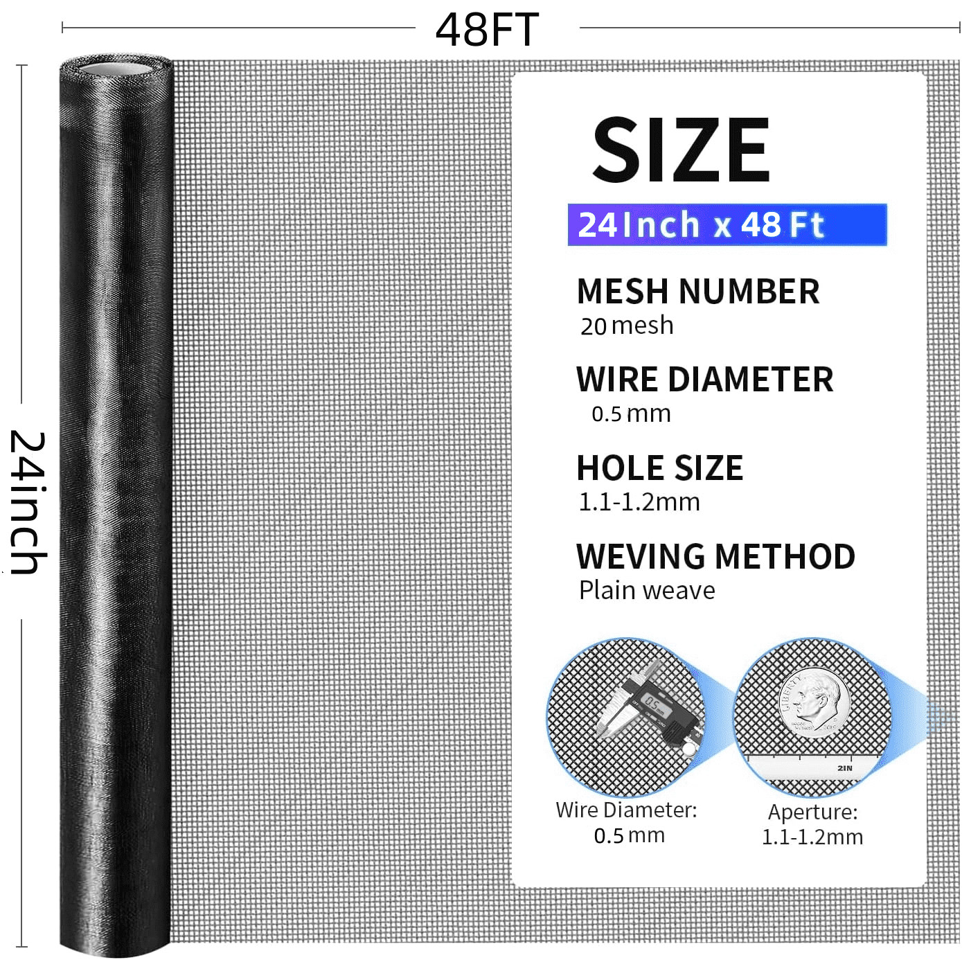 304 Stainless Steel Window Screen Roll, Black High-Transparency Screen Replacement, Durable Metal Mesh, Suitable For Doors, Patios, Porches, Diy-Friendly 24 In x 48 Ft