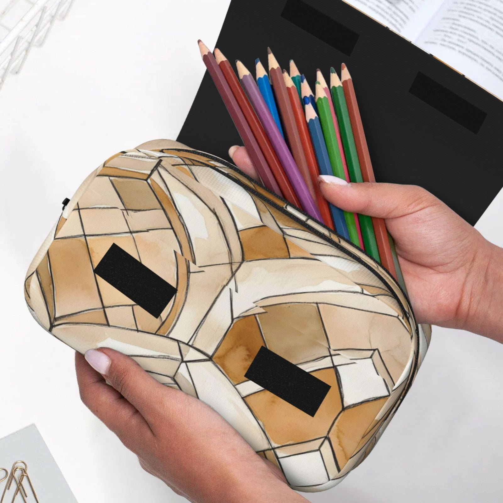 Large-Capacity Flip-Top Double-Layer Pencil Case, Multi-Functional Pocket Pen Case, Durable Stationery Organizer Sandybrown Moroccan Trellis Hand-Drawn Sketch_2