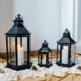 thumbnail image 3 of TRIROCKS Set of 3 Decorative Candle Lanterns18''&13"&10" H Hexagonal Candle Holder Vintage Metal Hanging Lantern with Tempered Glass for Garden Patio Wedding Event Indoors Outdoors(Black), 3 of 10