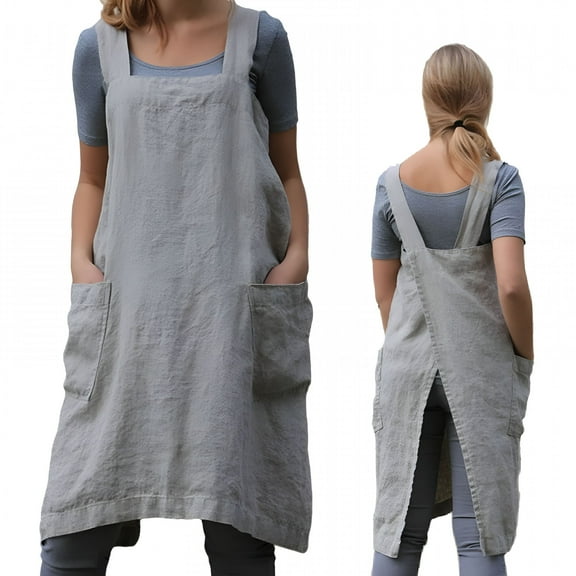 TELOLY Pinafore Cross Back Apron for Women with Pockets Japanese Smock for Work Gardening Cooking Painting Baking