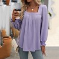 thumbnail image 3 of Womens Puff Long Sleeve Tops Square Neck Shirts Pleated Solid Color Blouses Summer Loose Casual Basic Tee (Purple S), 3 of 7