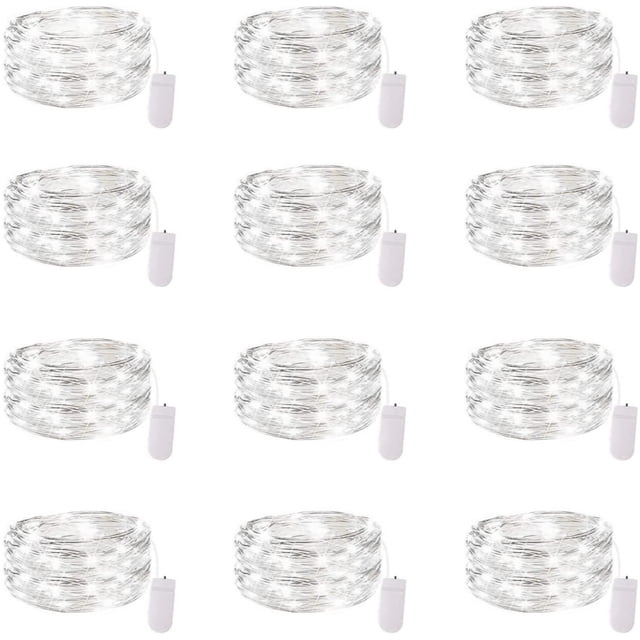Paquete de 12 luces de cadena de hadas con pilas de 7 pies 20 LED impermeables de alambre plateado luces de luna estrellada de luciérnaga para dormitorio, fiesta de bricolaje, boda, patio, Navidad