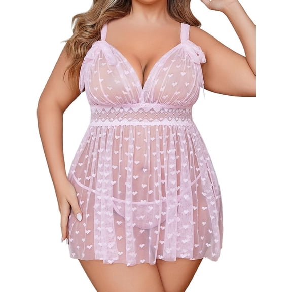 KISSGAL Plus Size Lingerie for Women Heart Print Lace Nightwear Sheer Cheimse Sleepwear with Lace Up Bows for Valentine