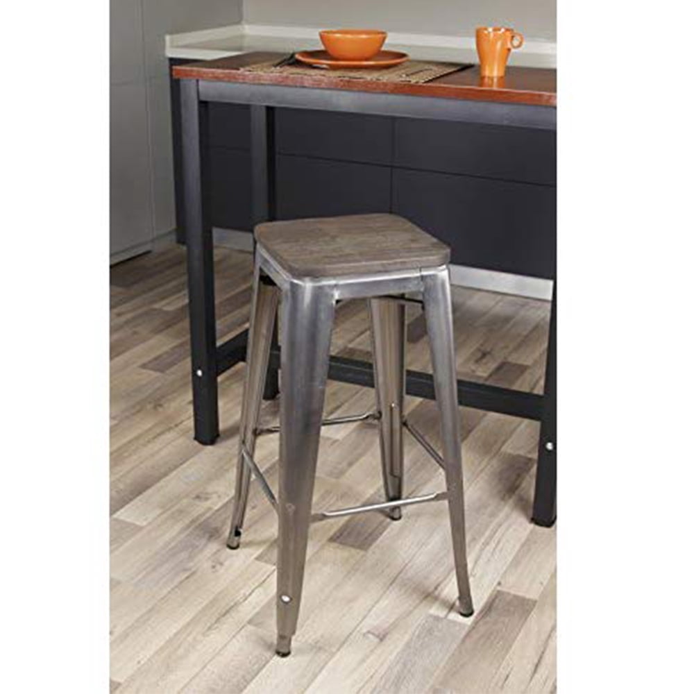 GIA Design Group 30 Inch Bar Height Backless Metal Stool with Dark Wood Seat, Gunmetal