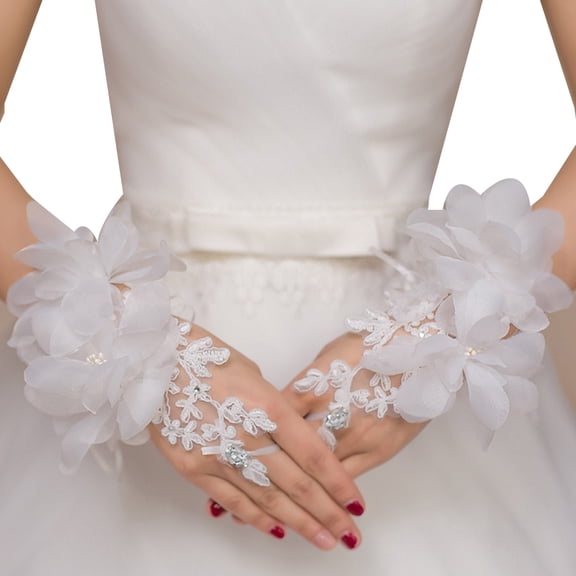 Zeiwohndc Embroidery Lace Fingerless Gloves Flower for Rhinestone Wedding Bridal Short Mit