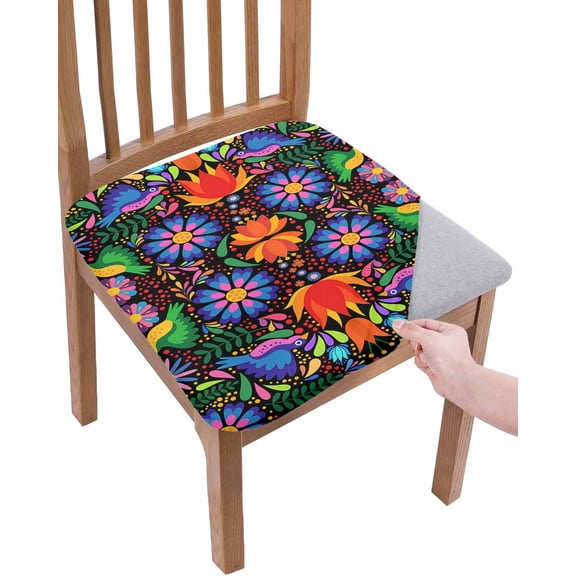 Mexican Flower Chair Seat Covers for Dining Room Stretch Chair Seat Covers Set of 2, Abstract Colorful Floral Leaf Plant Chair Seat Protector Cushion Slipcovers for Kitchen Restaurant Office