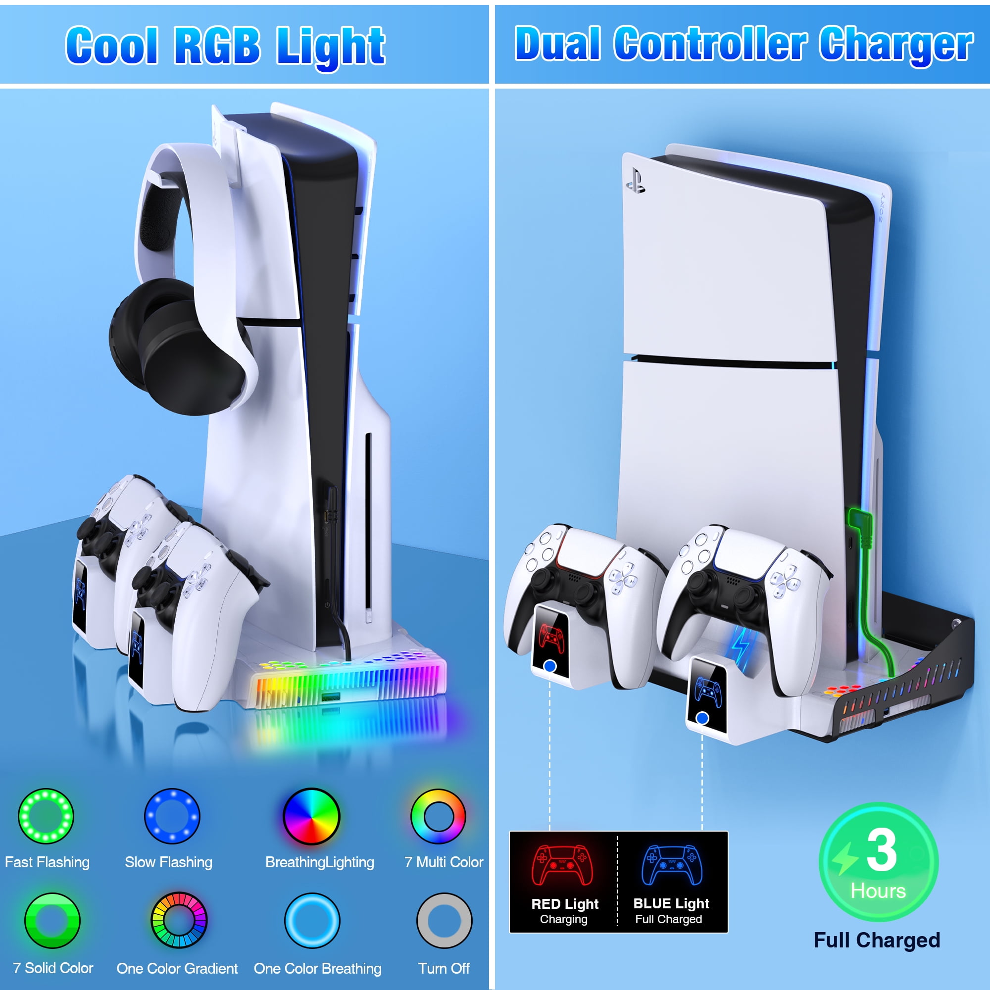 PS5 Silm Stand with Cooling Fan for 2020 Playstation 5 Disc/Digital Console/PS5 Silm,PS5 Accessories with Dual Charger Station