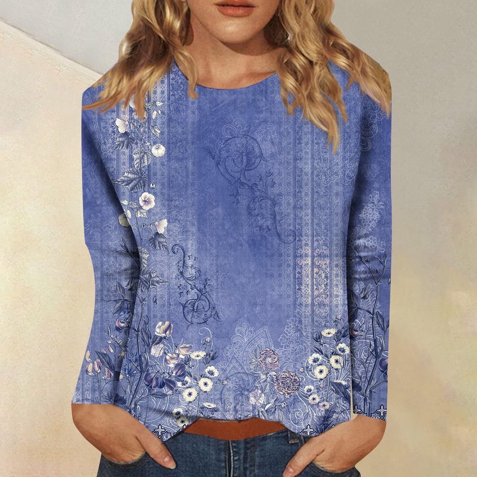 Long Sleeve Shirts for Women - Womens T Shirts Long Sleeve Crew Neck Shirts Basic Tee Sort Comfy Printed Tops Blouse