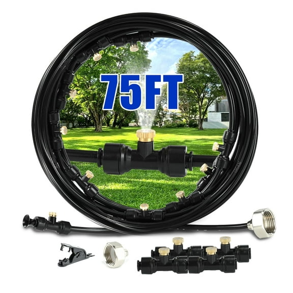 WOXAFO Misters for Outside Patio, 75FT(23M) Water Misting System Kit for Cooling Outdoor, 75FT Misting Line 23 Mist Nozzles 3/4" Brass Adapter for Backyard Porch Yard Garden Deck Greenhouse