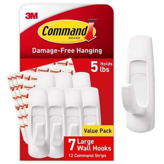 Command Large Utility Hooks, White, Hold 5 lbs, Value Pack, 7 Hooks, 12 Adhesive Strips