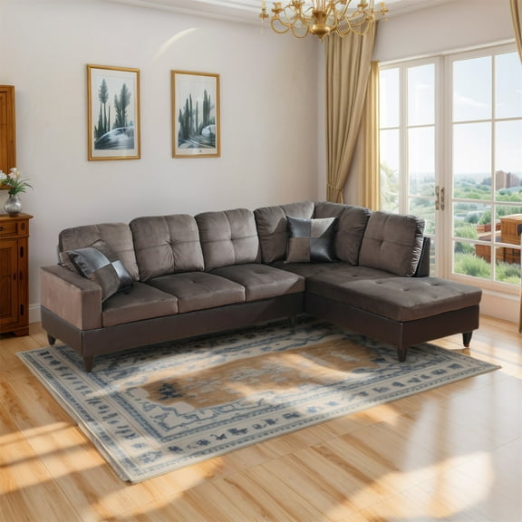 Hommoo Flannel & PVC L-Shaped Sectional Couch and Sofa Set, Modern Living Room Furniture Set, Right Side, Dark Brown