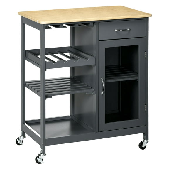 Rolling Kitchen Island with Storage, Bar Cart with Wine Rack - Gray Kitchen Cart with Drawers & Cabinet, Microwave Stand, Coffee Bar Table Grey   Engineered Wood