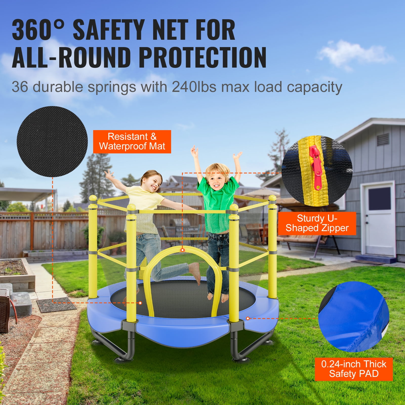 BENTISM Trampoline for Kid's with Enclosure Net and Balls, Blue, 46.46" x 60.00" x 60.00"