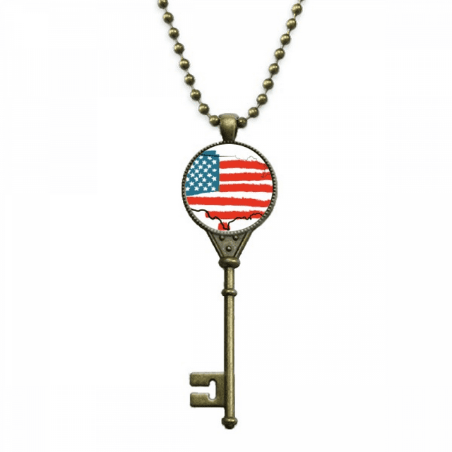 Stars And Stripes America Flag Map Country Key Necklace Pendant Tray Embellished Chain