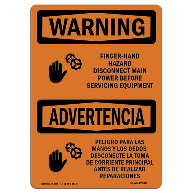 SignMission OS-WS-A-1218-L-12610 12 x 18 in. OSHA Warning Sign - Finger - Hand Hazard Bilingual