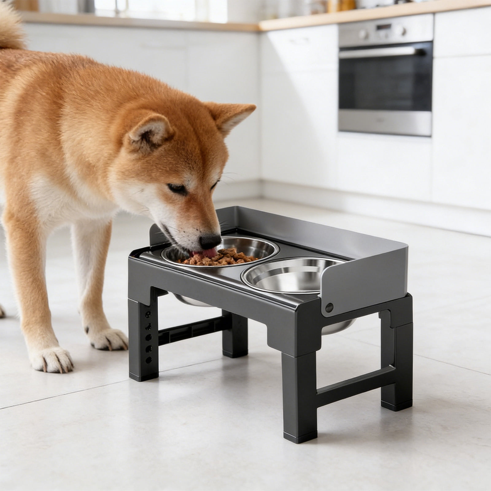 Tuvgenk Pet Elevated Feeding Stand Adjustable Height Double Bowl Set Neck Support Slow Eating Separate Water Food Detachable Daily Care