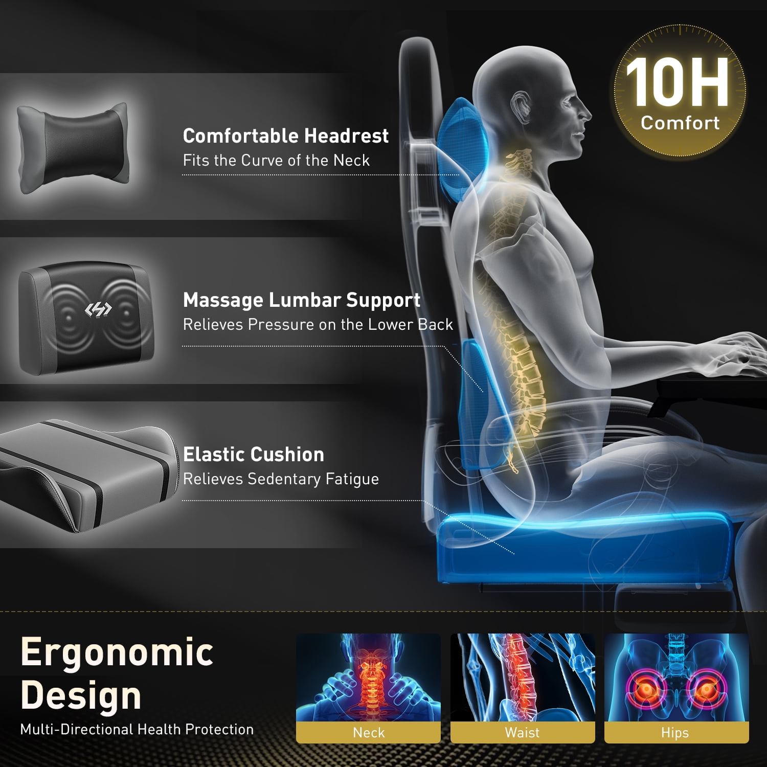 HLDIRECT Ergonomic High Back Gaming Chair with Pocket Spring Cushion, Game Chair with Footrest & Lumbar Massage, Gamer Chair, Computer Chair for Adults, Black & Gray