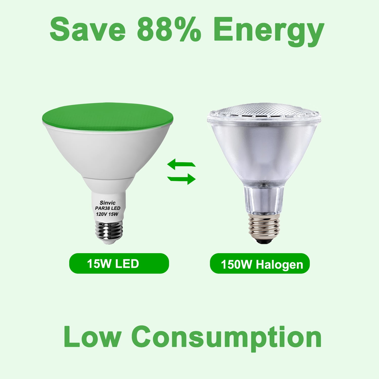 Sinvic 2 Pack Dimmable Green PAR38 LED Bulb 15W 150W Equiv 700LM 120V E26 Outdoor Flood Light
