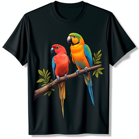 Vibrant Black T-Shirt with Colorful Parrots Graphic Eye Catching Design