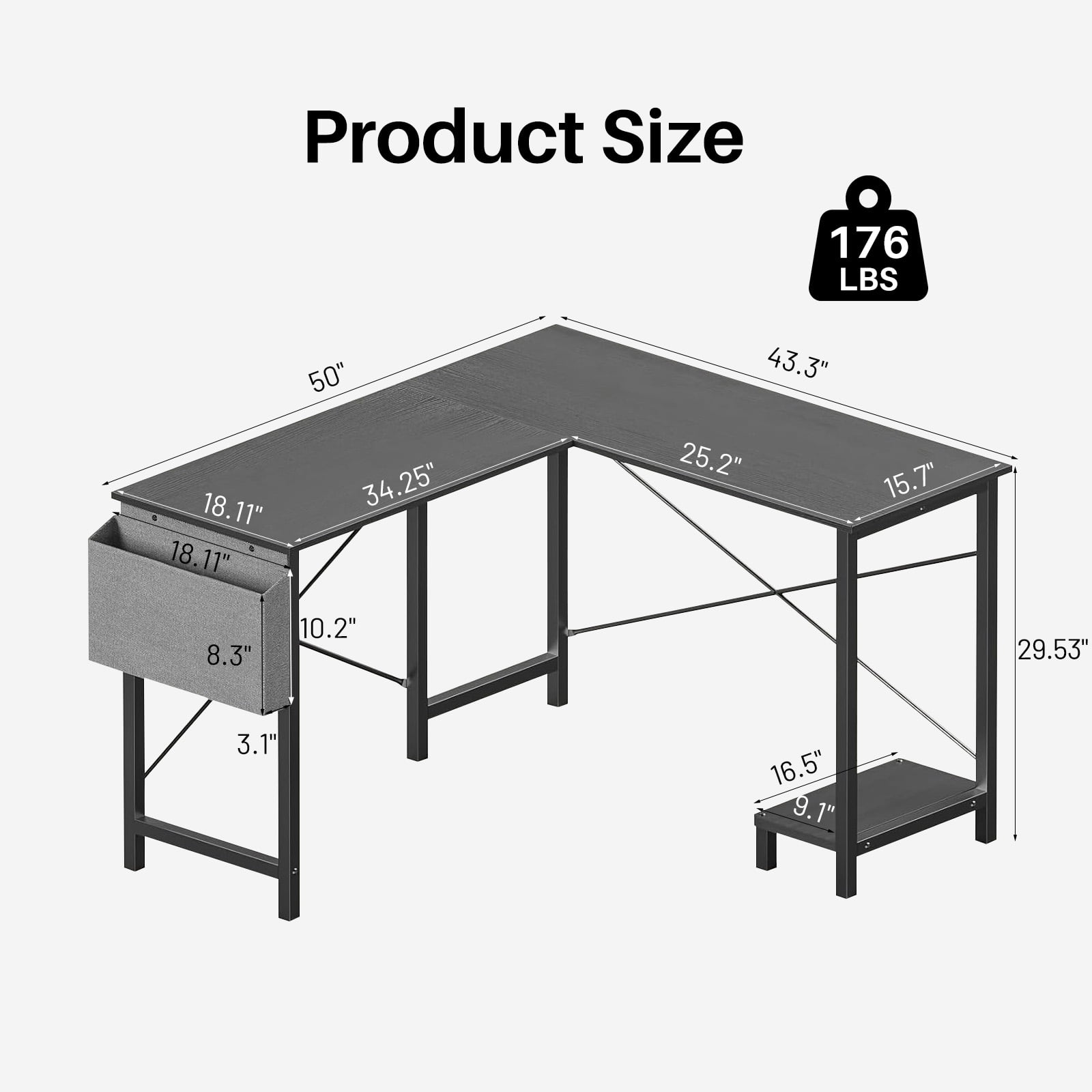 TINKLE WELL 50-inch L-Shaped Computer Desks, Corner Gaming Table with Wooden Desktop, Reversible Design, CPU Stand and Side Bag for Home Office, Study, Black