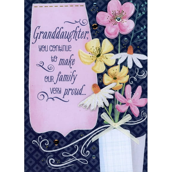 Designer Greetings Make Our Family Very Proud : 3D Tip On Flowers, White Ribbon and Sequins Hand Decorated Graduation Congratulations Card for Granddaughter