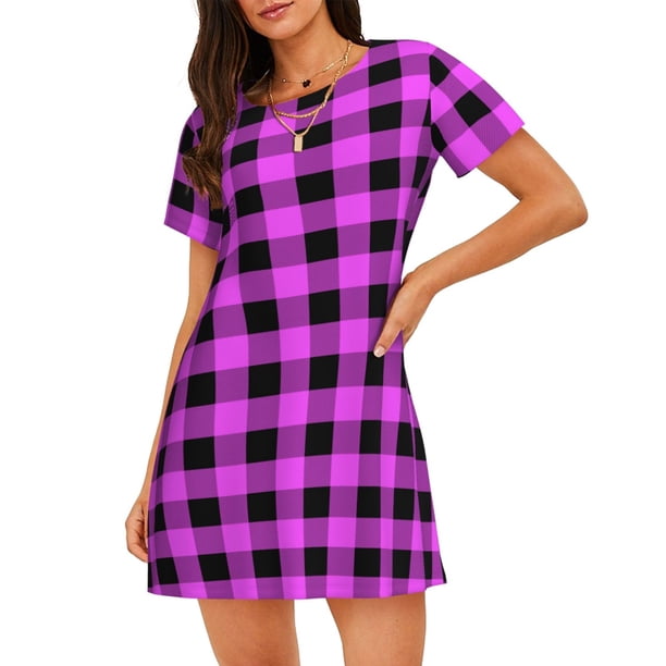 Easygdp Purple Black Buffalo Plaid Camisón de manga corta para mujer, informal, estampado