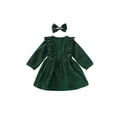 thumbnail image 4 of Baby Girl Dress, High-Waist Midi, 12 18 24M 3 4 5Y Long Sleeve Round Collar Ruffle Buttons Princess Pleated Fall Skirt Headband, 4 of 10