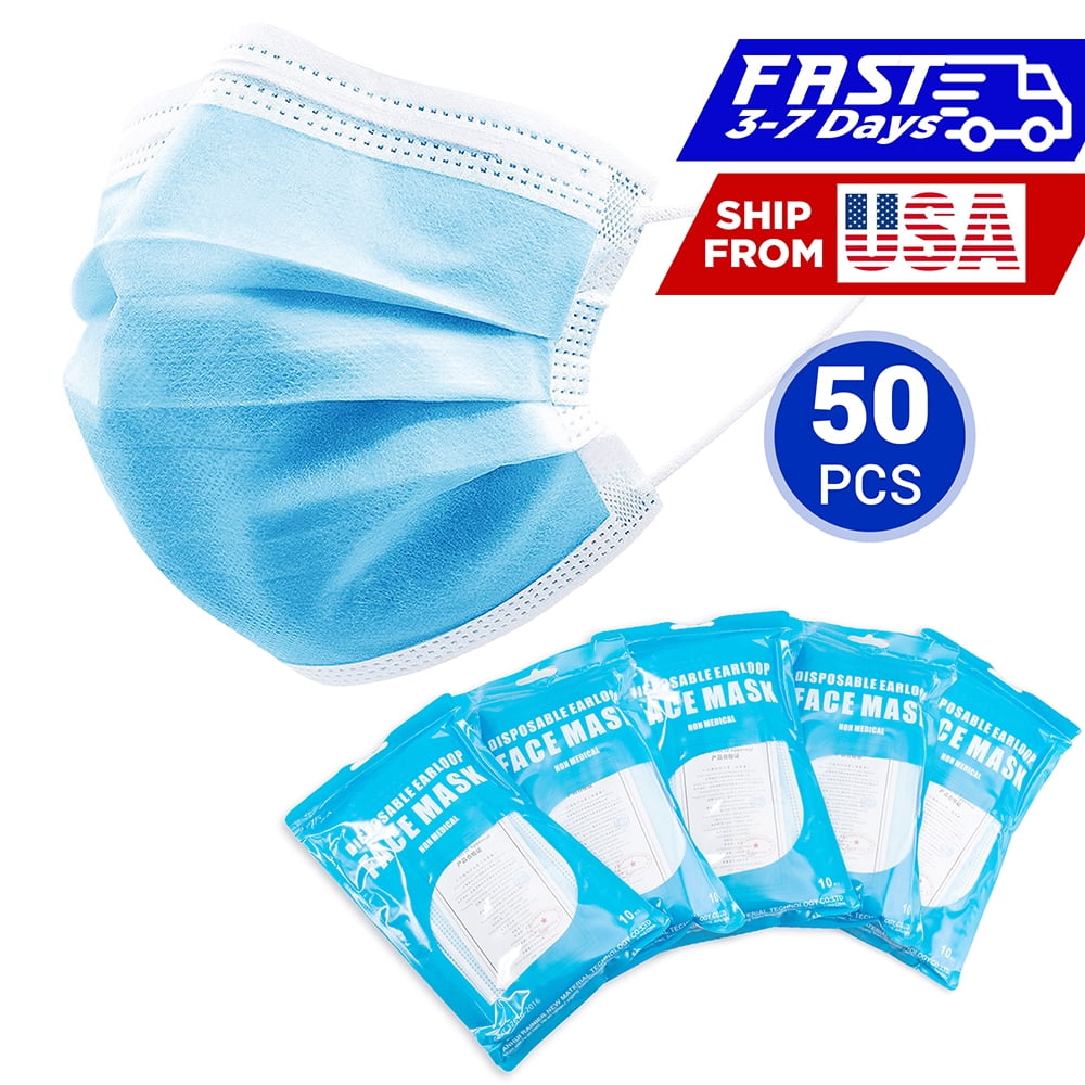 50 Pcs Disposable 3 Ply Triple Layer protection Earloop Blue Safety