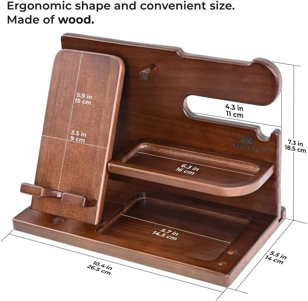 Jowenia Wood Phone Docking Station, Nightstand Key Holder Stand Watch Organizer for Men Gift, Hand Crafted for Dad Mens Organizer Station (Brown)