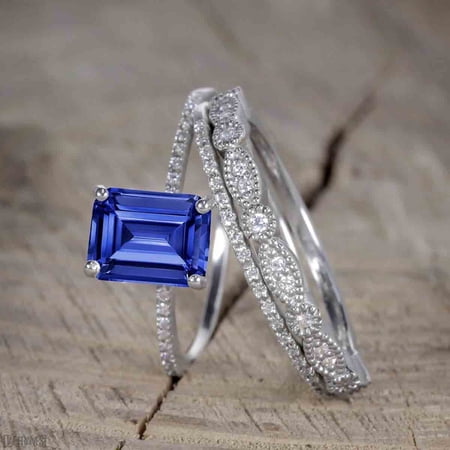 Halo Wedding Ring Set Classic 5x7mm Emerald Cut Moissanite Engagement Ring Diamond Wedding Ring White Gold Prong Set 14k 18k Bbbgem