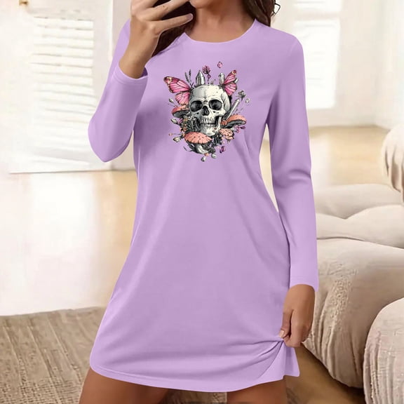 Puyaiuu Women Halloween Long Sleeve Dress soft stretch womens loose fit round neck pullover skull butterfly print multi color option casual sleepwear loungewear Purple L Gift