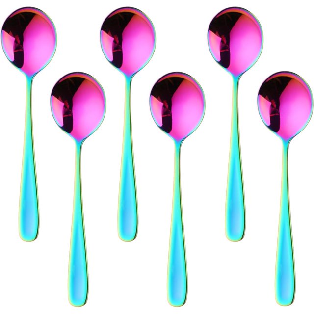 HZXC-Soup Spoon Set, 304 Stainless Steel Table spoon, 6.89 Inch Round Dessert Spoons, Dinner Spoon for Cereal, Porridge, Yogurt, Dishwasher Safe (6, Rainbow)