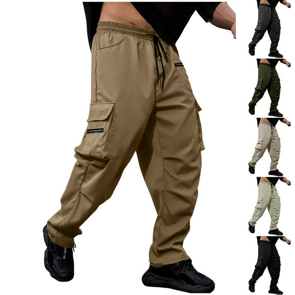Afuyipoi Men Cargo Pants,Breathable Lightweight Drawstring Adjustable Waist Pants Khaki S/30