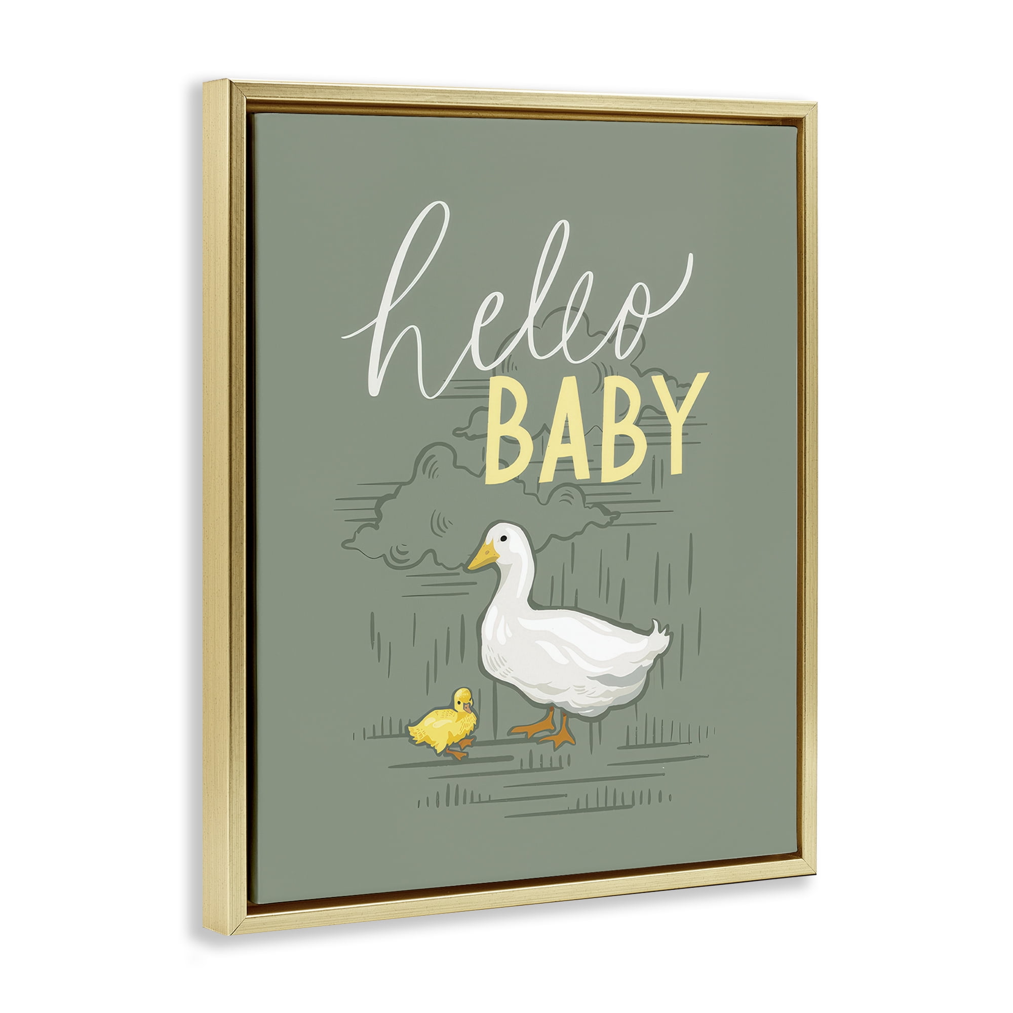 Stupell Industries Hello Baby Duck & Duckling Animals Painting Gold Floater Framed Canvas Art Print Wall Art, 17 x 21