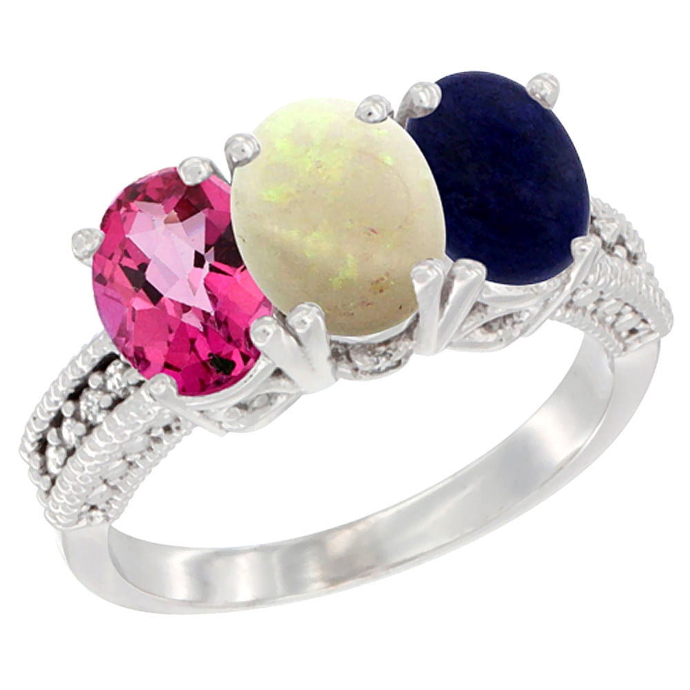 10K White Gold Natural Pink Topaz, Opal & Lapis Ring 3-Stone Oval 7x5 mm Diamond Accent, sizes 5 10 by WorldJewels