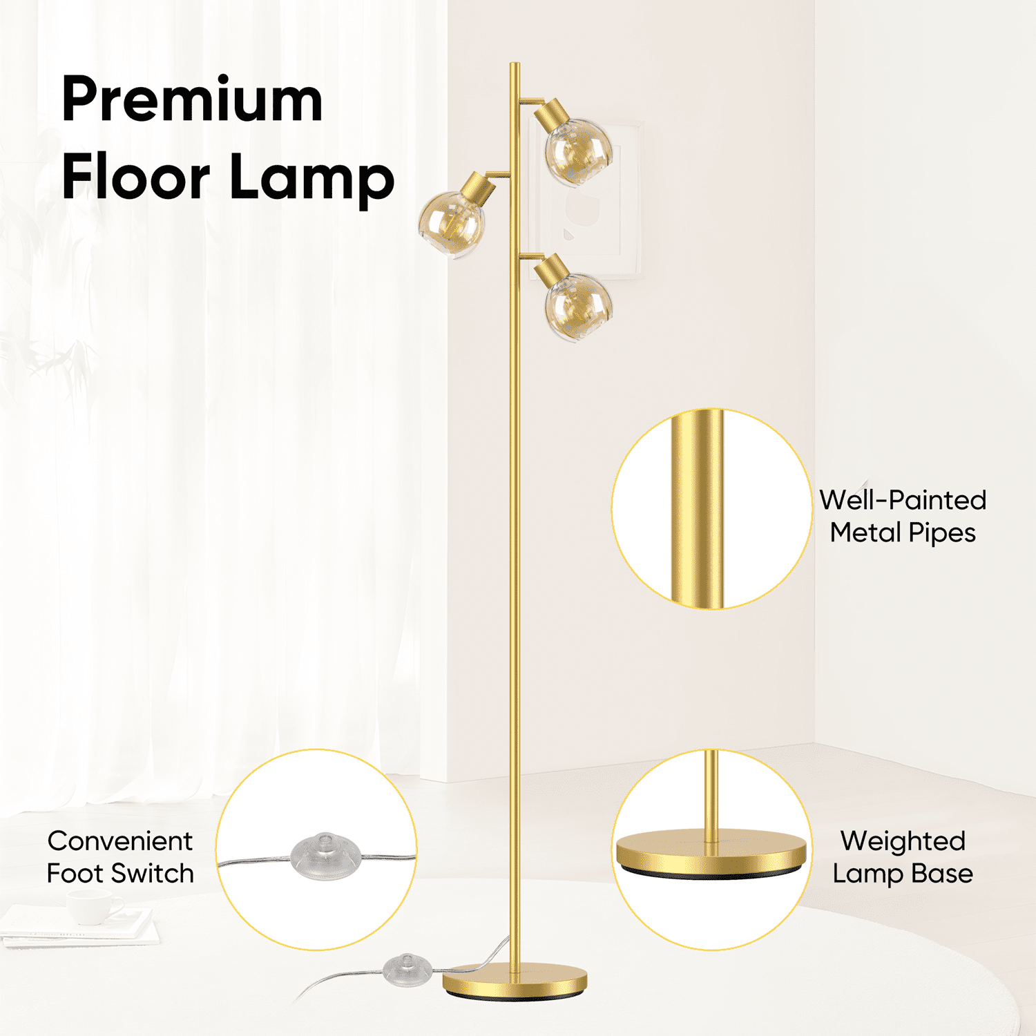 Tree Floor Lamp With 3 Adjustable Rotating Lights And Matching Led Bulbs, Standing Tall Pole Lamps for Living Room, Bedroom, Home
