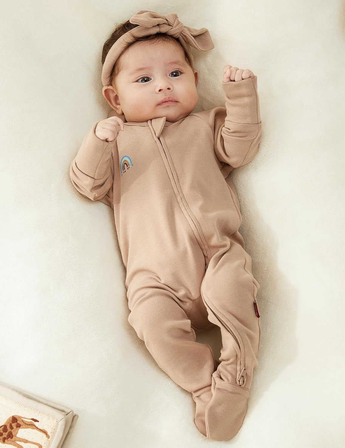 Momcozy Bamboo Fiber Baby Foot Cover Bodysuit 2-Piece Set BP001 Newborn Pink + Brown