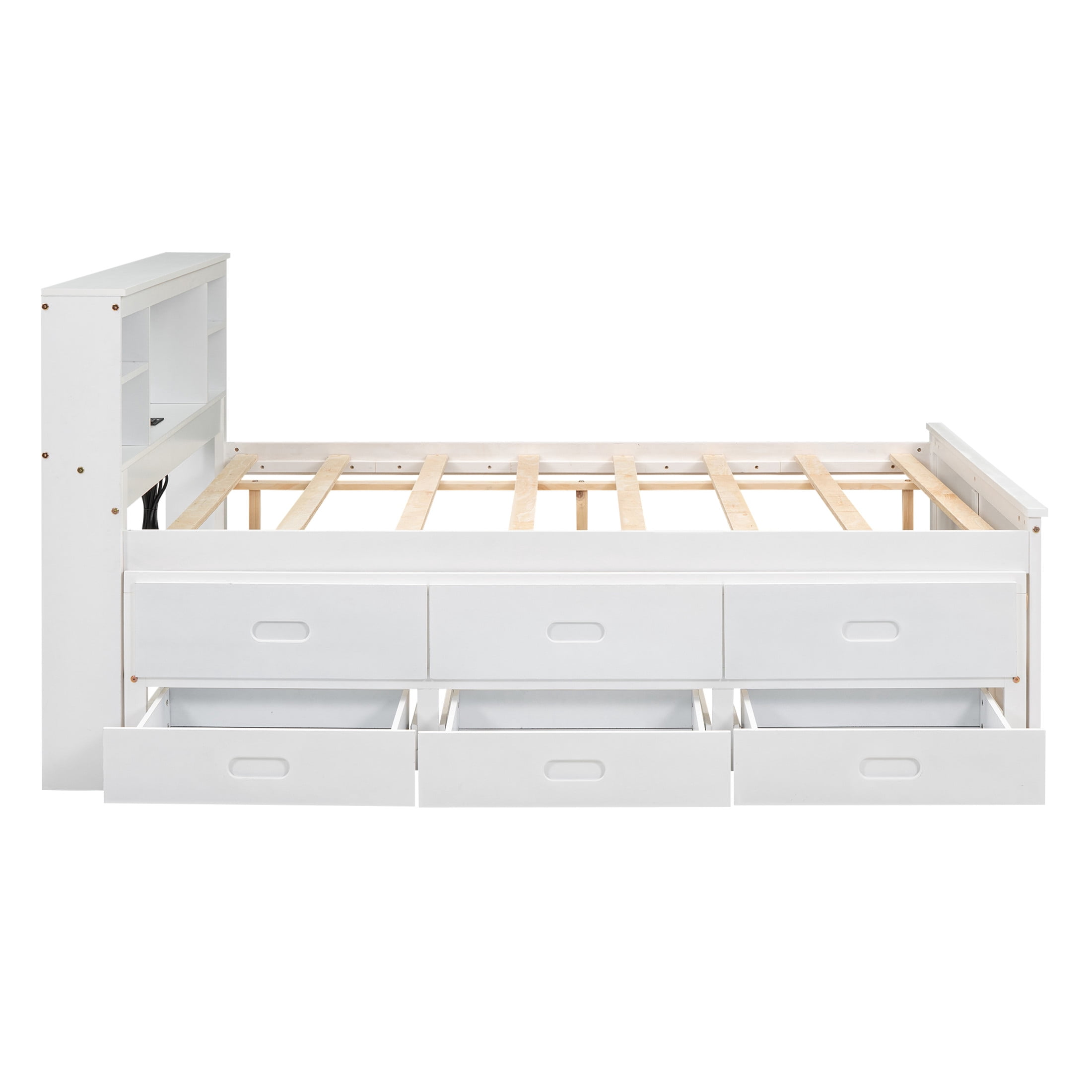 Noble House Nerissa Full Platform Bed with Bookcase Headboard, USB Ports, Extra Trundle and Storage Drawers, White