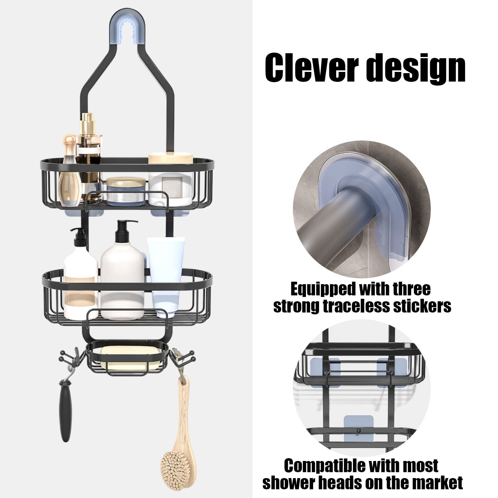 Stainless Steel 3-Tier Shower Caddy Over Shower Head Organizer with Adjustable Shelves for Bathroom Storage Towel Hooks 22 Inch Rustproof