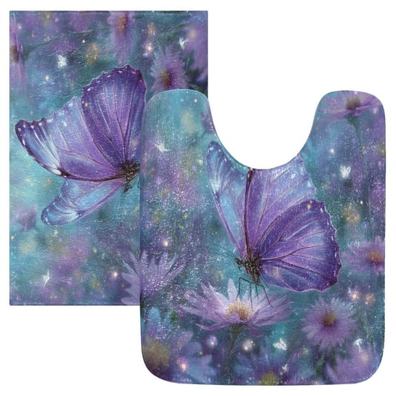 Wobogo Purple Sparkling Butterfly U-Shaped Toilet Bath Mat Set Super Soft Absorbent Quick Dry Memory Foam Non Slip Bathroom Rugs for Tub Shower and Single Sink