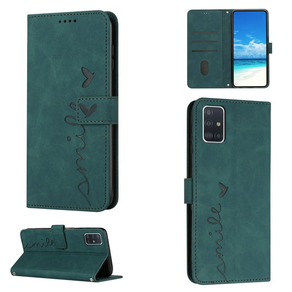 For Samsung A71 Case 5G Wallet Cover, PU Leather Kickstand Credit Card Pocket Slots Wrist Strap Magnetic Folio Heart Patterned Embossed Flip Cover for Samsung Galaxy A71 5G, Green