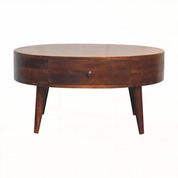 100% Solid Mango Wood Coffee Table | Circular Design with Brass Knob