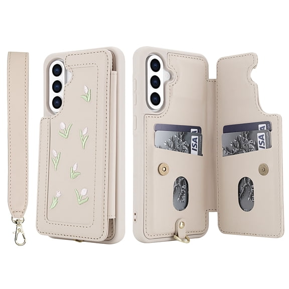 for Samsung Galaxy S24 Plus Women Weave Flower Pattern Wallet Case, Fashion Premium PU Leather Card Slots Kickstand Adjustable Lanyard Crossbody Strap Shockproof Protective Flip Case Cover, White