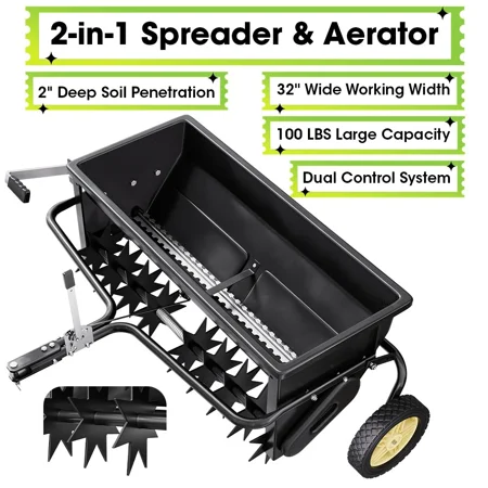32" Tow Behind Lawn Spreader and Spike Aerator, 2-in-1 Spike Aerator 100lbs Capacity Broadcast Seeder for ATVs UTVs