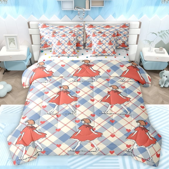 Manfei Kawaii Anime Girl Twin Bedding Sets 7-Piece for Kids, Blue Wheat Buffalo Plaid Bedding Comforter Set, Cartoon Love Heart Reversible Sheet Sets, Ultra Soft Bedroom Decor